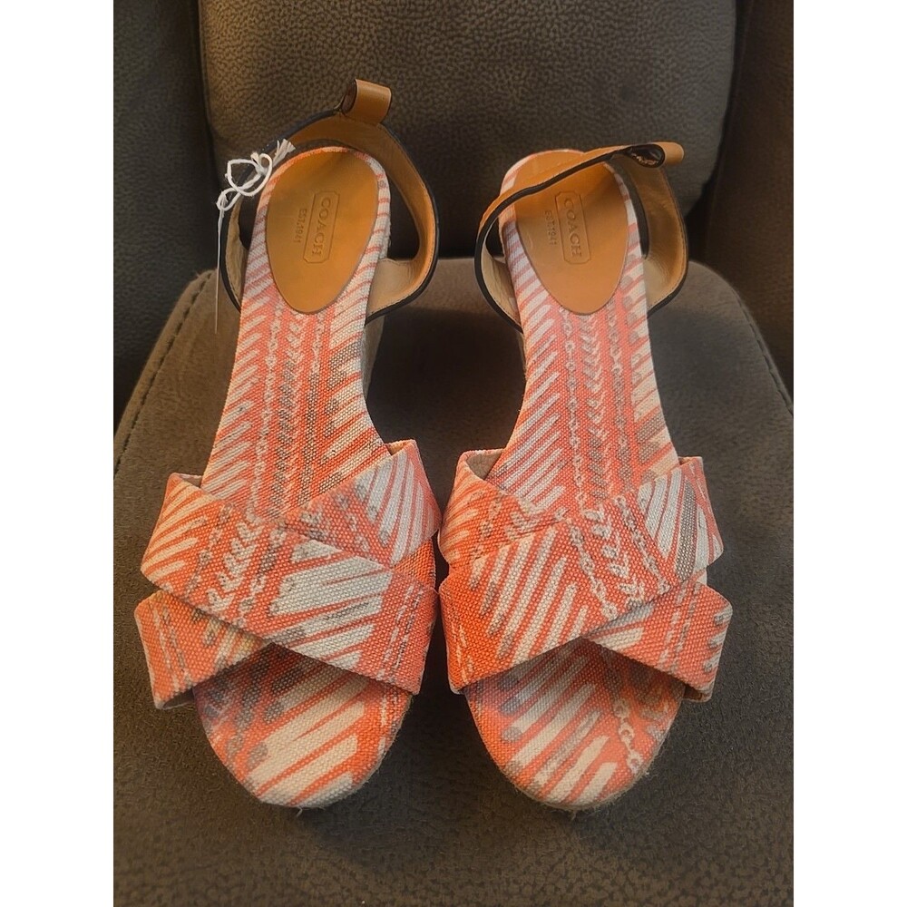 Coach Henley Orange Green Tan Espadrille Platform Wedge Sandals 8